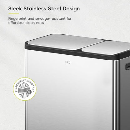 EKO EcoCasa Stainless Steel Dual Step Trash Can for Recycling, 30L+20L Rectangular Kitchen Trash Can, Independent Pedals and Lids, Soft Close and Fingerprint Resistant