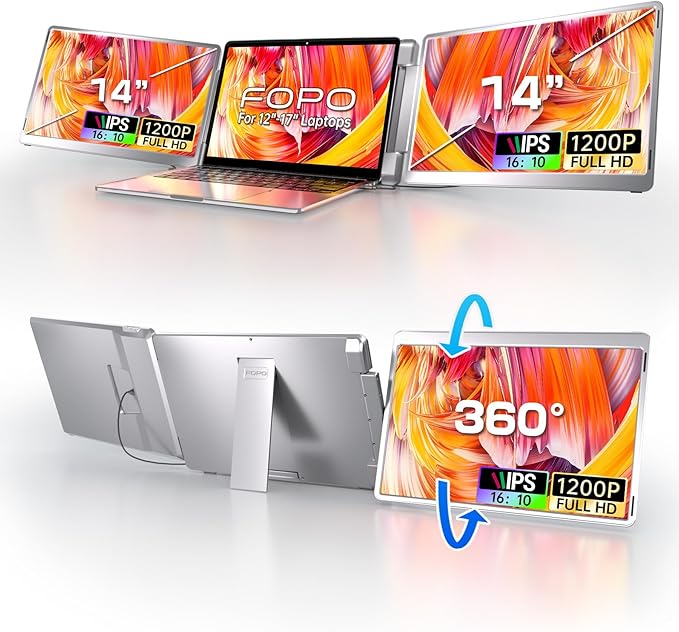 FOPO 14" Triple Monitor Laptop Screen Extender-FHD 1200P 16:10 Laptop Screen Extender, Left Screen 360° Flip Portable Monitor for 12-16.5" Laptops with HDMI/USB-C, Plug & Play - S7