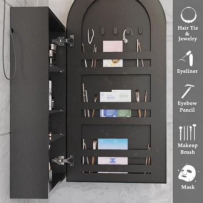 16x 32 inch Bathroom Cabinet with Mirror,Black Arched Medicine Cabinet with Outlets,Vanity Mirror with Storage,Metal Framed Wall Mounted Medicine Cabinet with Adjustable Shelf