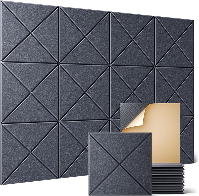 Sonicism 12 Pack X-Lined Acoustic Panels with Self-Adhesive, 12"X 12"X 0.4" Sound Proof Foam Panels, Decorative Soundproof Wall Panels, Sound Absorbing Tile for Home & Offices, Moonlight Gray