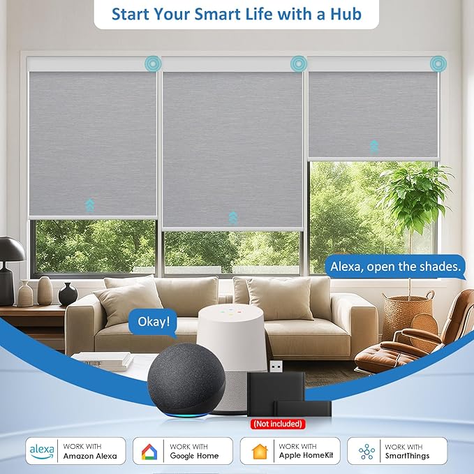 MANSNIX Smart Motorized Blinds with Remote, Cordless No-Drill Automatic Roller Shades, Blackout Electric Blind for Windows, Grey, 24.5 x 72