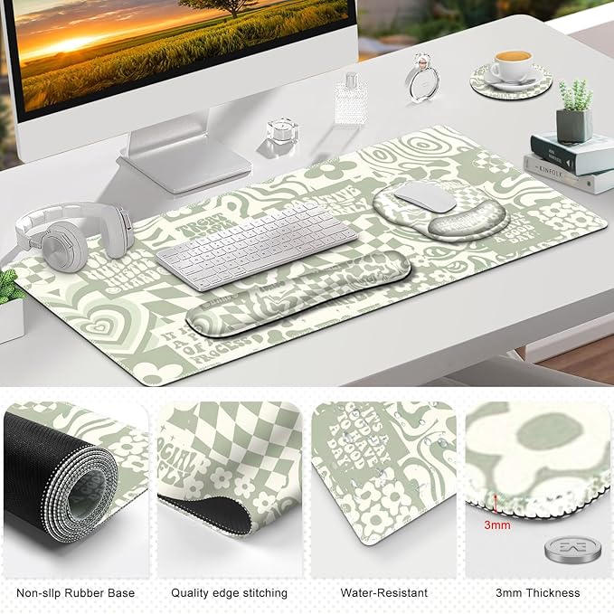 Large Desk Mat, Beige Gaming Mouse Pad, Desk Pad Protector, XXL Mousepad + Keyboard Wrist Rest+Mouse Wrist Rest+Coaster Set with Ergonomic Desk Pad for Home Office PC Computer, Retro Boho Aesthetic