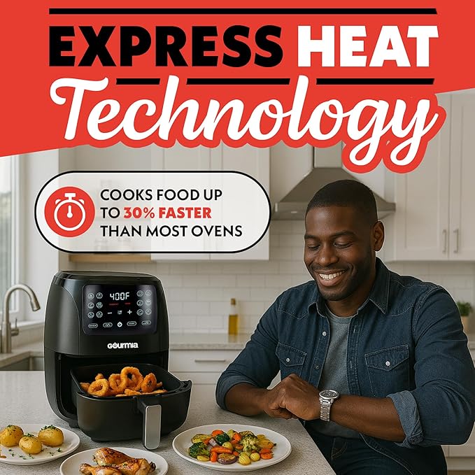 Gourmia Air Fryer Oven Digital Display 4 Quart Large AirFryer Cooker 12 1-Touch Cooking Presets, Black and Stainless Steel Accents Fry Force GAF486