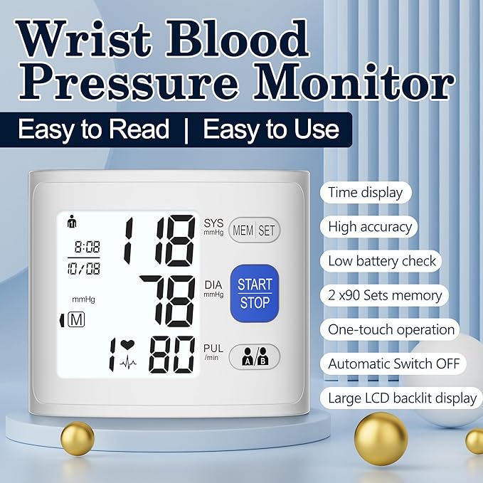 Wrist Blood Pressure Monitor LCD Display, Adjustable Wrist Blood Pressure Cuff 90x2 Reading Memory Wrist Bp Monitor with Storage Case(White)