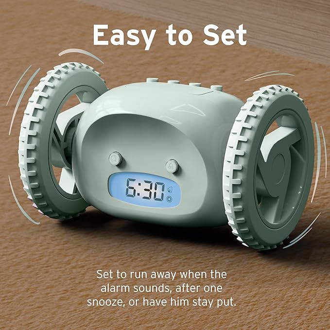 CLOCKY Extra Loud Alarm Clock for Heavy Sleepers on Wheels Rolls Runs Away Vibrating, Easy to Set Super Smart Snooze Digital Bed Shaker Alarm Clock Funny Gift for Adults Kids Teens Bedrooms (Sage)