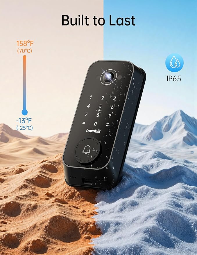 Video Smart Lock with Camera: 4-in-1 Ring+2K Camera+Doorbell+Fingerprint Hornbill Keyless Entry Door Lock, Built-in WiFi Deadbolt(only 2.4G), Two-Way Audio/App Remote Control/PIR, No Monthly Fee