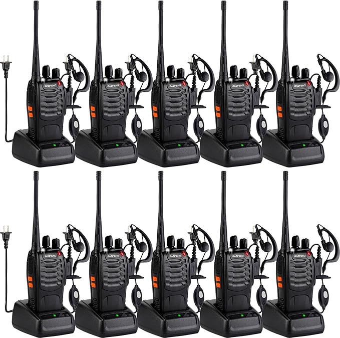 Baofeng Walkie Talkies 888S Rechargeable Long Range with Earpieces for Adults, 16 Channel Professional Radio Handheld Two Way Radios Li-ion Battery and Charger Included (10pack with 10earpiece)