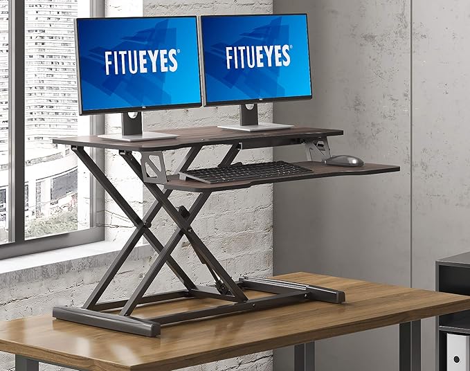 FITUEYES Height Adjustable Standing Desk 32” Wide Sit to Stand Converter Stand Up Desk Tabletop Workstation for Laptops Dual Monitor Riser Brown SD308002WE