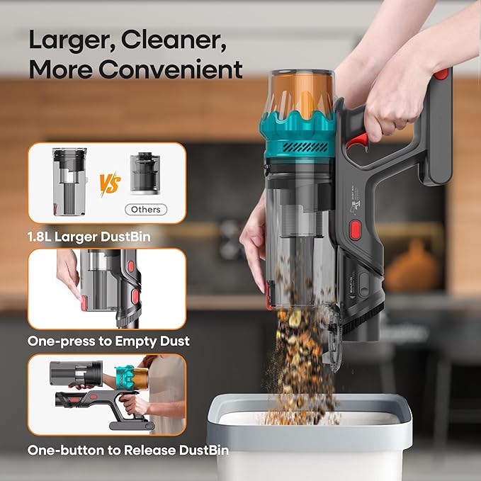 ElecKeys Cordless Vacuum Cleaner, 600W 50KPA 70Mins Self-Standing Vacuum Cleaners for Home, Stick Vacuum with Touch Screen, Upgraded Anti-Tangled Vacuum Cordless for Pet Hair, Floors, Carpets, Gold