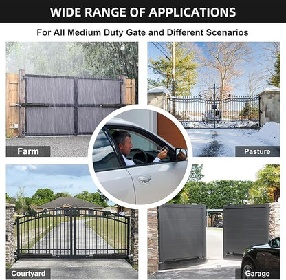 JUJIANG C026 Solar Gate Opener with Batteries & Solar Panel for Dual Swing Gates Up to 1540lb Automatic Gate Opener with Remote Complete Kit Medium Duty Electric Gate Opener Solar Powered 60W Motor