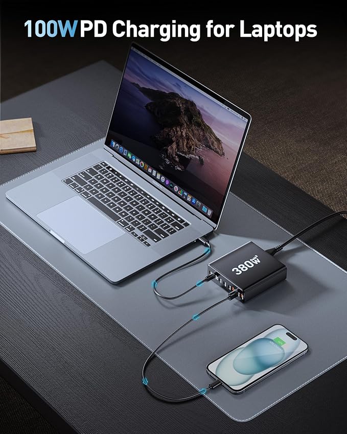 380W USB C Charger Block,with 4 USB Cables 8-Port USB C Charging Station Dual 100W Laptop Charger Fast Charger Type C Charging Block for MacBook Pro, Dell XPS, iPhone, iPad, Tablet (Bright Black)