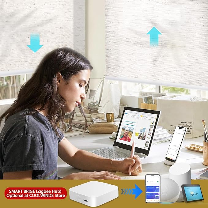 COOLWINDS Motorized Blinds with Remote Cordless Automatic Motorized Shades Custom Blinds for Windows Smart Curtains Compatible with Alexa Google Home(Light Filtering Linen Sandy Beach,W39 x H72in)