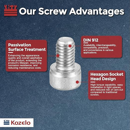 Kozelo 20pcs Socket Head Cap Screws - [M8-1.25 x 14mm] 304 Stainless Steel Allen Socket Drive for Electrical Motor 3D Printing Fan Engine Replacement Use, Silver