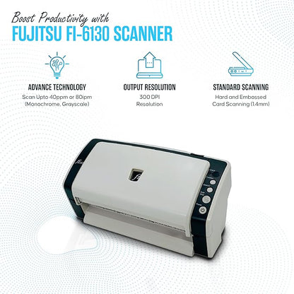 FI-6130 Fujitisu Document Scanner ADF - 1 Year Warranty - Duplex Sheet-Fed Document Scanner with 24V, USB 2.0 Cable & Microfiber Cleaning Cloth (Renewed)