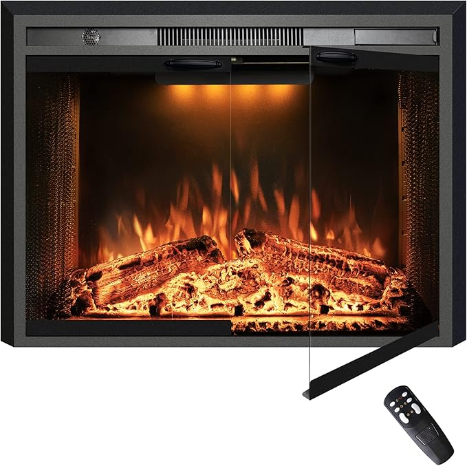 36 Inches Electric Fireplace Insert, 750W/1500W Fireplace Heater with Adjustable Flame and Top Light Colors, Fire Crackling Sound, Remote Control, Timer, Glass Door & Mesh Screen, Black