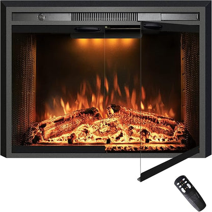 36 Inches Electric Fireplace Insert, 750W/1500W Fireplace Heater with Adjustable Flame and Top Light Colors, Fire Crackling Sound, Remote Control, Timer, Glass Door & Mesh Screen, Black
