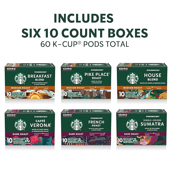 Starbucks K-Cup Coffee Pods, Starbucks Blonde, Medium and Dark Roast Hot or Iced Coffee, Variety Pack, 60 Keurig Pods