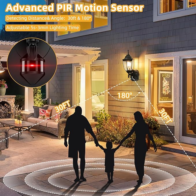 2 Pack Porch Lights Outdoor with Outlet, Motion Sensor Outdoor Wall Lights, Updated Dusk to Dawn Exterior Lighting Fixtures Waterproof Anti-Rust Aluminum Outside for House Entryway Garage, Black