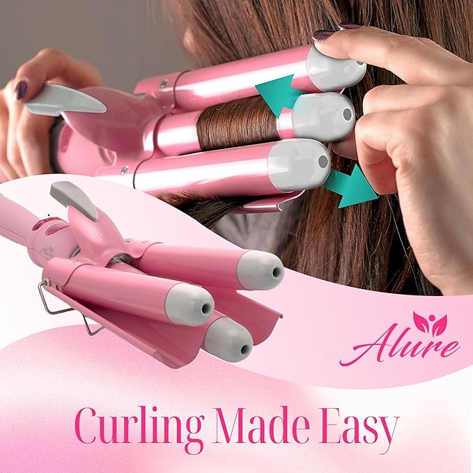 Alure Three Barrel Curling Iron Wand Hair Waver with LCD Temperature Display - 1 Inch Ceramic Tourmaline Triple Barrels, Dual Voltage Crimp (White/Pink)
