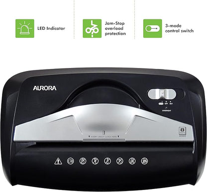 Aurora High-Security 8-Sheet Micro-Cut Paper Credit Card Shredder Black