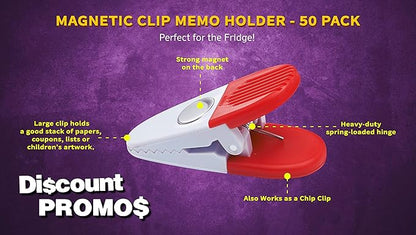 50 Magnetic Memo Holders Set - Customizable Text, Logo - Large Clip, Plastic - White Red