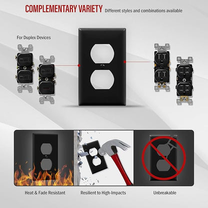 ENERLITES Duplex Receptacle Outlet Wall Plate, Size 1-Gang 4.50" x 2.76", Unbreakable Polycarbonate Thermoplastic, UL Listed, 8821-BK-10PCS, Black (10 Pack)