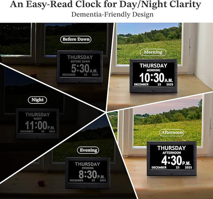 7'' Dementia Clock For Seniors, Large Display Digital Clock With Date, Time, Day Of Week for Elderly, Alzheimer, 1024*600P HD, 10 Reminders & 7 Alarms, Auto Dimming & DST, Remote Control, Woodgrain