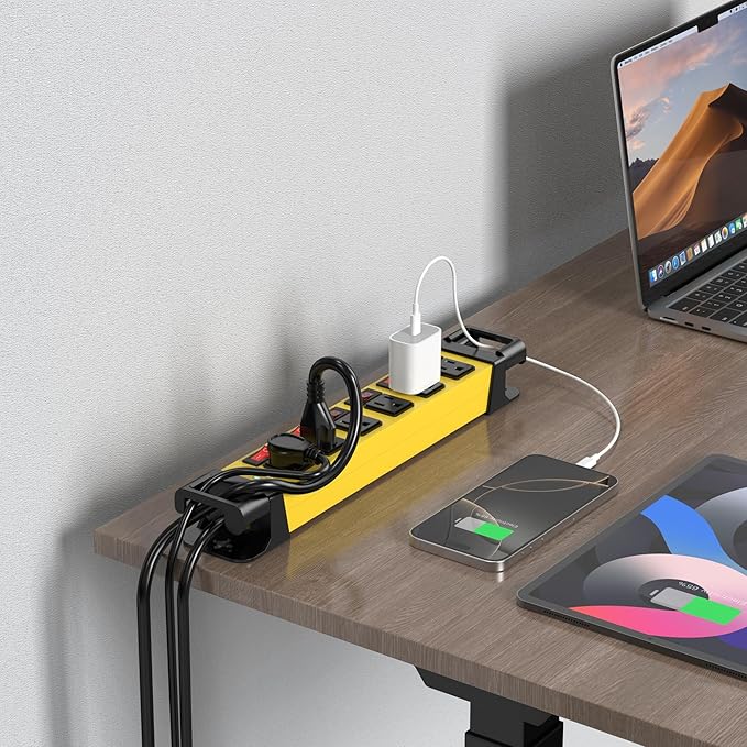 Heavy Duty Power Strip - 6 Outlet Power Strip with 6 Individual Switches Cord Manager Surge Protector 1200J Home Office Garage Industrial Workshop