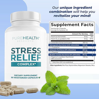 PUREHEALTH RESEARCH Stress Release Complex - Mood Support Supplement for Women & Men - Helps With Occasional Stress & Relaxation - With Ashwagandha, L Theanine, Lemon Balm, Niacin & More - 90 Capsules