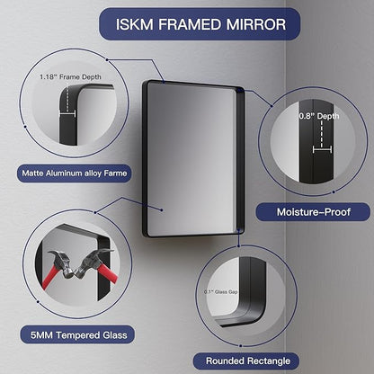 ISKM 36"x 30" Silver Bathroom Mirror for Wall, Bathroom Vanity Mirror Anti-Rust, Tempered Glass, Rounded Rectangle Mirror(Horizontal/Vertical)
