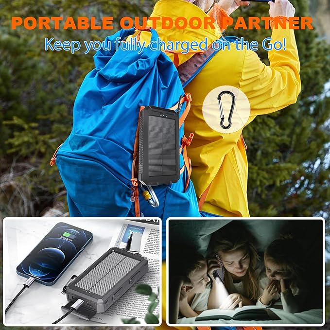 Power Bank Solar Charger 20,000mAh, Portable Phone Charger, 4 Cables Outdoor Waterproof External Backup Power Charger with USB-C for Cell Phones, Solar Battery Pack with Dual Flashlight for Camping