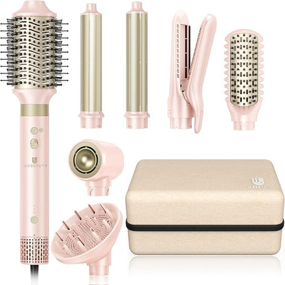 Hair Dryer Brush 8-in-1 Dual Voltage Hot Air Styler – Fast-Drying 110,000 RPM Ionic Blow Dryer with Straightener & Curler Attachments, Frizz-Free Volumizing Styler with Protective Hard Case-Pink