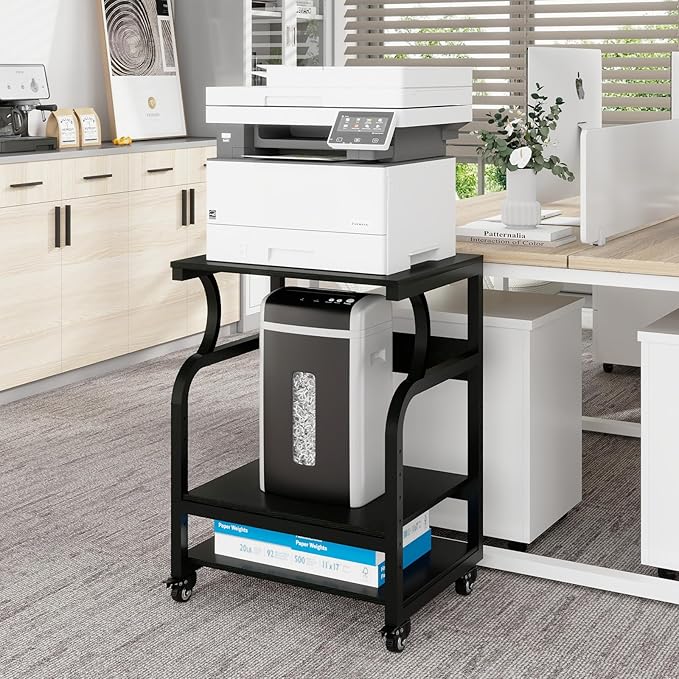 Natwind Large Printer Stand,24''x20''x29''Printer Table with Adjustable Storage Shelf,3 Tier Rolling Printer Cart with Wheels,Home Office Multifunctional Shelves for Heat Press (Black)