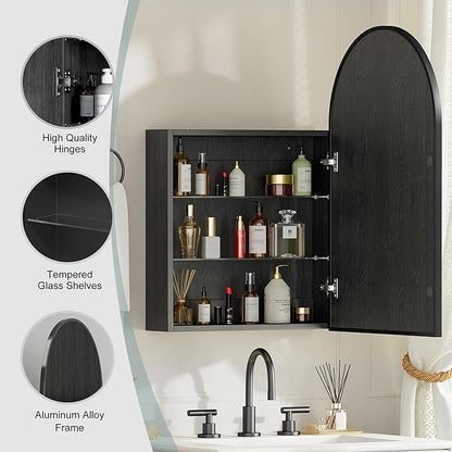 Brushed Black Arched Medicine Cabinet with Mirror, Wall Mount Bathroom Storage Cabinet, Surface Mount, Reversible Left/Right Opening Door, Modern Metal Framed Mirror Cabinet, 20 x 30 Inch