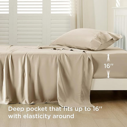 Bedsure Cooling Sheets Twin XL, Rayon Derived from Bamboo, Breathable & Soft Twin XL Sheet Sets, Deep Pocket Up to 16 Inches, Hotel Luxury Silky Dorm Bedding for Hot Sleepers, Beige
