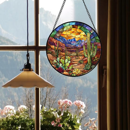 CRISGIF Stained Glass Window Hanging Cactus Mountains Landscape Large 11.8" - Suncatcher Door Garden Sunroom Sun Catcher Home Decor Birthday Christmas for Mom Men Woman Nana