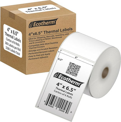 4" x 6.5" Thermal Labels | 6 Rolls | 2280 Labels | fits Zebra, Munbyn, Rollo, Godex, Arkscan, iDPRT, Offnova Thermal Label Printers and More | Blank White Adhesive Stickers by Ecotherm