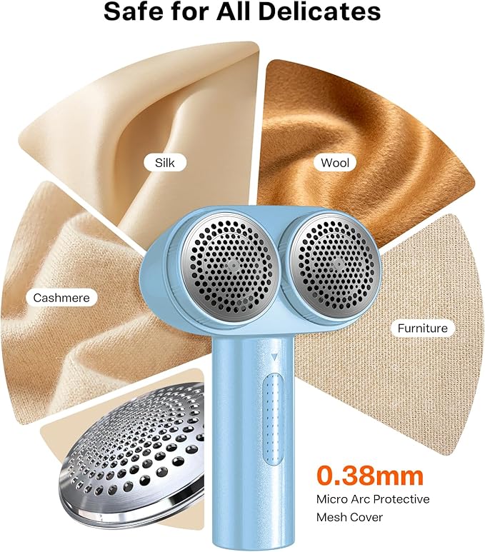 TORRAS Dual-Head Fabric Shaver, Longest Durability & 50ml Large Capacity Rechargeable Lint Removers to Remove Pills, 6-Leaf Blades Defuzzer, Electric Shaver for Clothes Couch Furniture, Blue