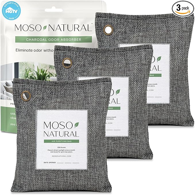 Moso Natural Air Purifying Bag 200g (3 Pack) HGTV Editor's Pick | Premium Bamboo Charcoal Odor Absorber for Home & Car | Closet Odor Eliminator & Car Air Freshener | Long Lasting Charcoal Bags