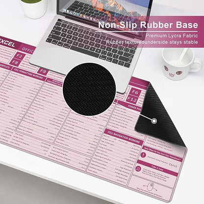 Baziabbo Office Desk Mat, Excel Cheat Sheet Keyboard Mat, Excel Shortcut Desk Pads,Non-Slip Excel Mousepad with Stitched Edges for Computer (Sheet Pink)