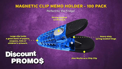 100 Magnetic Memo Holders Set - Customizable Text, Logo - Large Clip, Plastic - TBlue