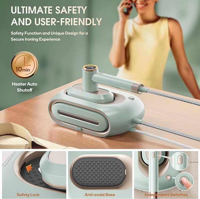 Newbealer 2In1 Pro Steam Station Iron, 1550W Turbo 3-level Steam & 3 Dry Heat Modes for Clothes, 30s Heat Up, 1.2L Detachable Tank, Auto-Off, Self Cleaning, Commercial-Grade for Home & Hotel (Green)