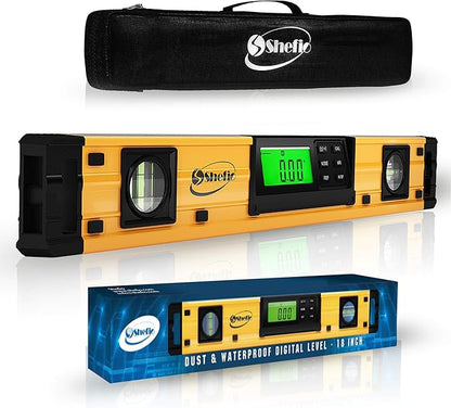Shefio Digital Level - 18 Inch Magnetic, IP54 Dustproof and Waterproof - Protractor - Includes Batteries and Carrying Case