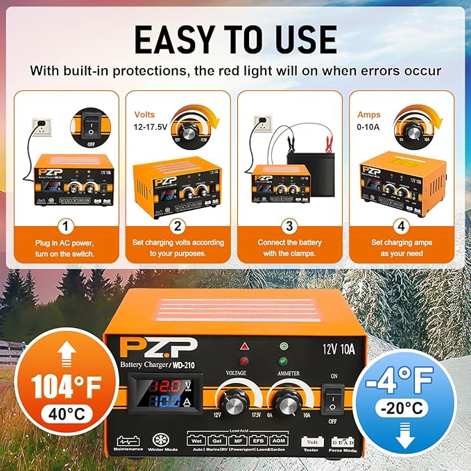 PZP 12V Manual Battery Charger Maintainer, 0 to 10A Arbitrarily Adjustable Car Battery Trickle Charger, Battery Desulfator with Repair, Winter Mode, Suitable for Lawn Mower, AGM, Deep Cycle Batteries