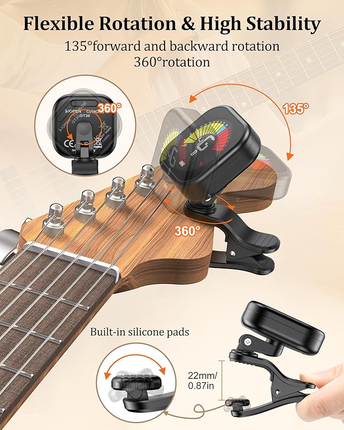 New Bee Guitar Tuner Clip-On Rechargeable with Color Screen 360° Rotatable Acoustic Chromatic Open Tuning for Guitar, Bass, Ukulele, Violin, Cello(Black, 1 Pack)