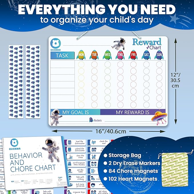 QUOKKA Magnetic Behavior Chore Chart for Kids at Home - Blue Reward Visual Schedule Chart - Dry and Erase Routine and Responsibility - Use 99 Magnets Markers Stickers - from Toddlers to Teens