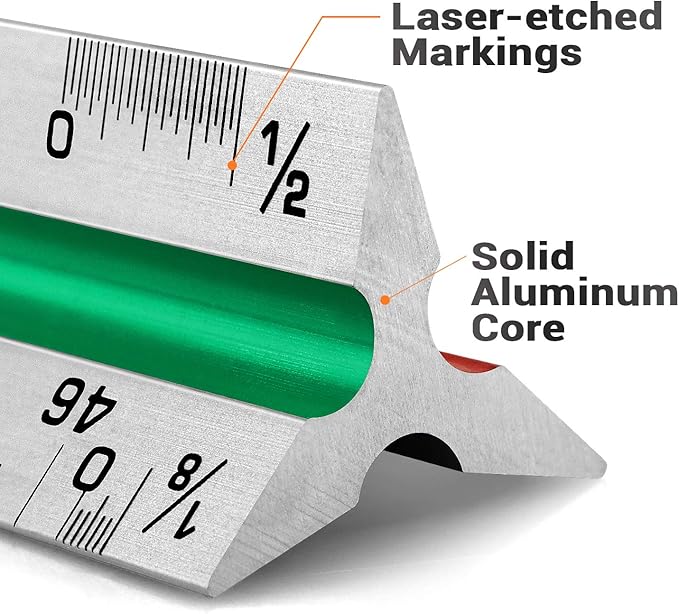 12" Architectural Scale Ruler Aluminum Architect Scale Triangular Scale Ruler for Architects, Draftsman, Students and Engineers, Color-Coded (1 Pack)