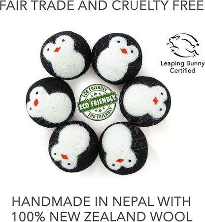 Friendsheep Wool Dryer Balls, Organic Reusable Fabric Softener Alternative for Laundry, Handmade, Fair Trade, Hypoallergenic, Eco-Friendly, Plastic-Free (6 Pack XL – Black Penguin)