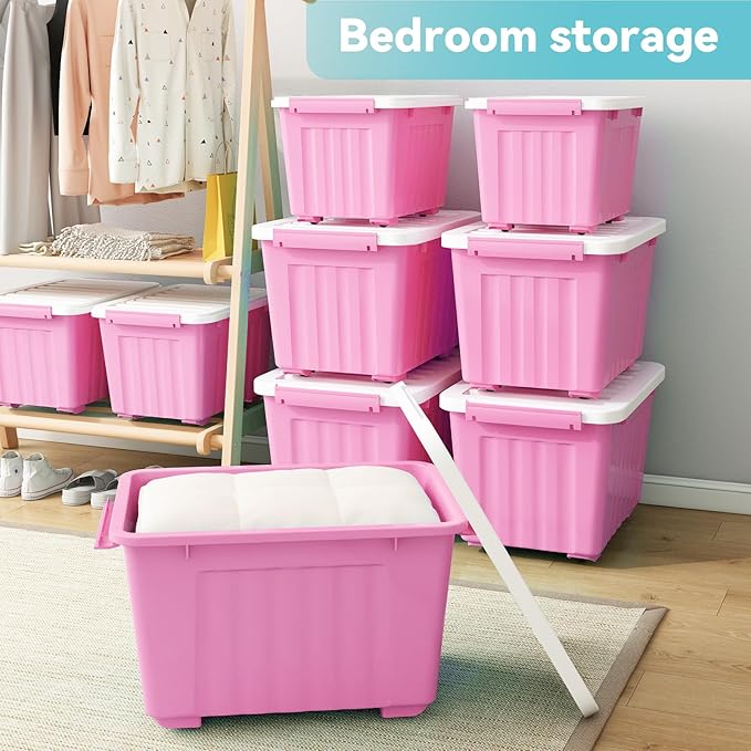 Nazhura Plastic Storage Bin, Stackable and Nestable Storage Boxes with White Lids and Secure Latching Buckles, Large Storage Container (Pink/White, 72Quart-6Pack)