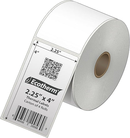 2.25" x 4" Thermal Labels | 4 Rolls | 1440 Labels | fits Zebra, Munbyn, Rollo, Godex, Arkscan, iDPRT, Offnova Thermal Label Printers and More | Blank White Adhesive Stickers by Ecotherm